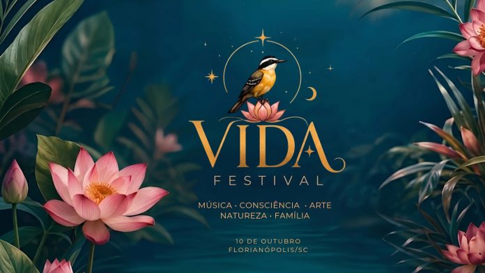 Arte de divulgação do VIDA Festival 2026, com flores de lótus e um pássaro, em 10 de outubro, em Florianópolis