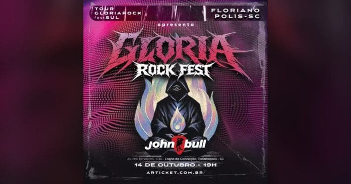 Arte de divulgação do Gloria Rock Fest, festival com a banda de rock Gloria no John Bull Floripa, na Lagoa da Conceição, em 14 de outubro de 2026