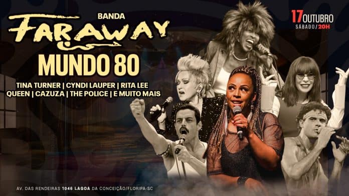 Arte de divulgação do Mundo 80 com a Banda Faraway no John Bull Floripa, em 17 de outubro, com imagens de artistas dos anos 80 do repertório, que não se apresentam