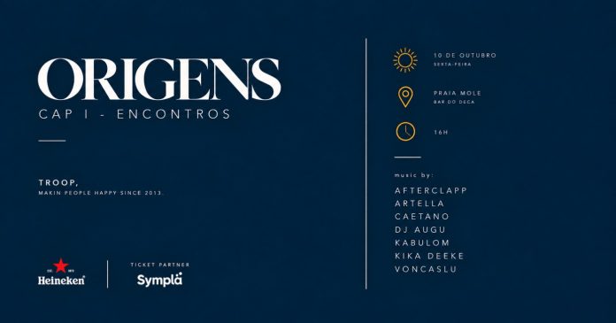 Arte de divulgação da festa Troop Origens: Cap I – Encontros, no Bar do Deca, na Praia Mole, com o horário das 16h e a lista dos sete DJs