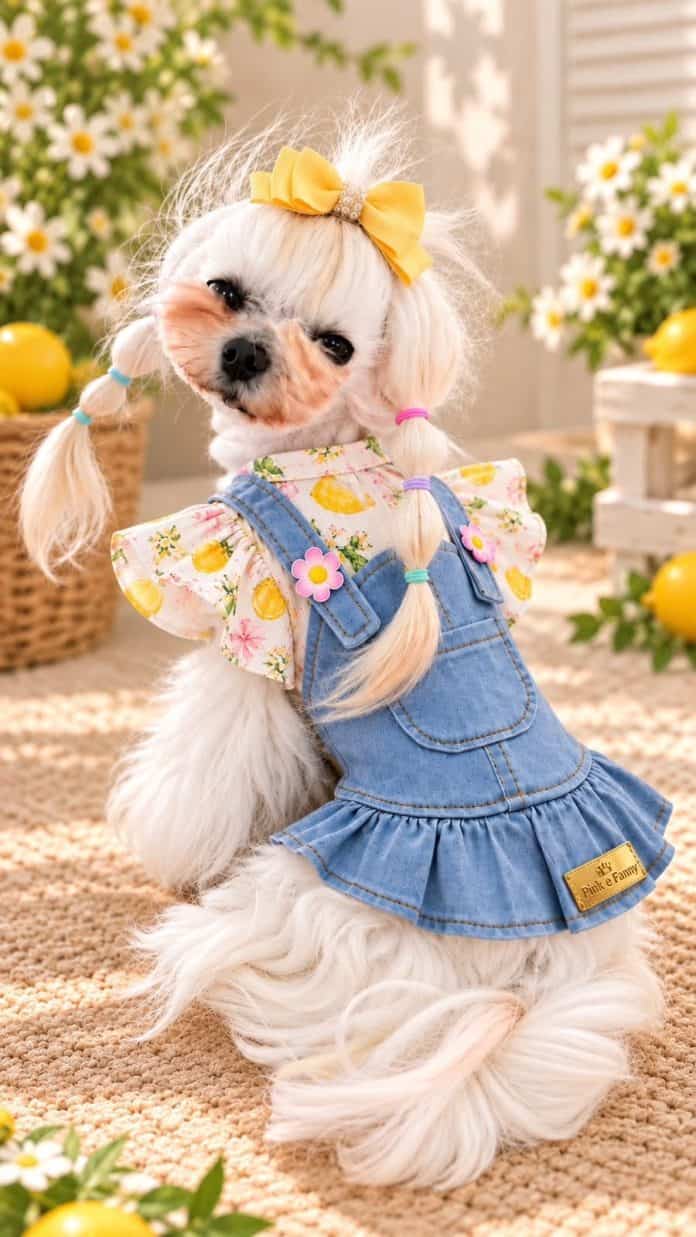 Cachorro com macacão jeans da coleção primavera/verão da Pink e Fanny na PetSul 2026