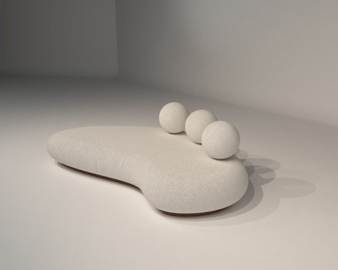 Sofá Tondo, mobiliário autoral da Anna Maya Design, com linhas curvas e estofamento claro