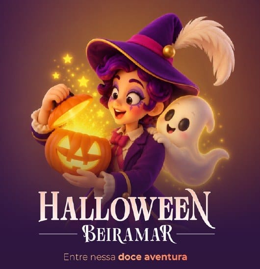 Arte do Halloween Beiramar com bruxinha segurando abóbora iluminada ao lado de um fantasma