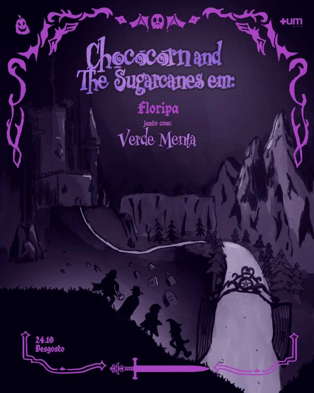 Arte de divulgação roxa do show de Halloween da Chococorn and The Sugarcanes com Verde Menta em Floripa, 24.10, no Desgosto