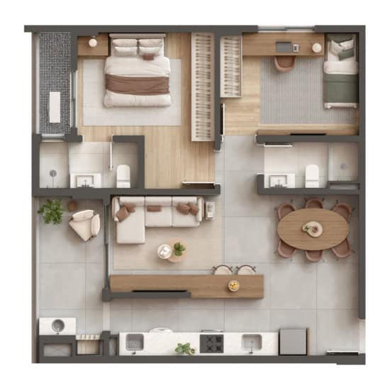 Planta humanizada de apartamento com quartos, sala, cozinha e móveis desenhados