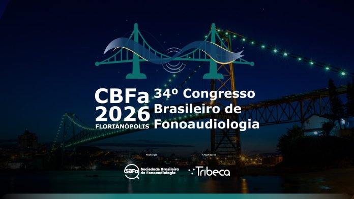 Arte de divulgação do CBFa 2026, 34º Congresso Brasileiro de Fonoaudiologia em Florianópolis, com ilustração da Ponte Hercílio Luz iluminada à noite e logos da Sociedade Brasileira de Fonoaudiologia e da Tribeca
