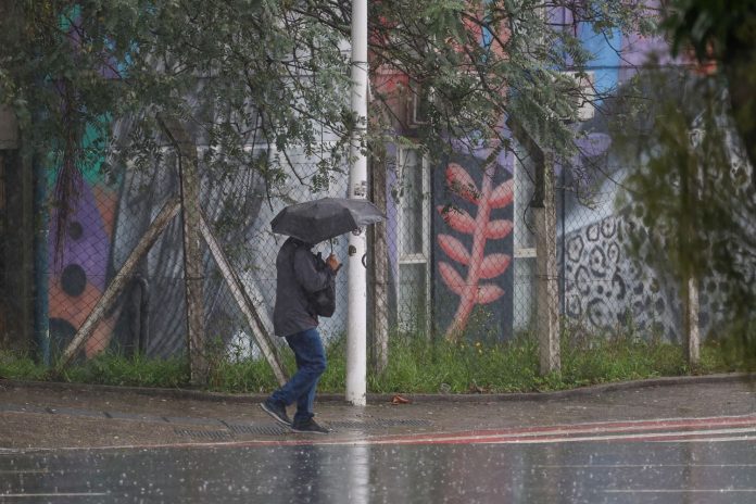 Pedestre com guarda-chuva caminha sob chuva forte em calçada de Santa Catarina