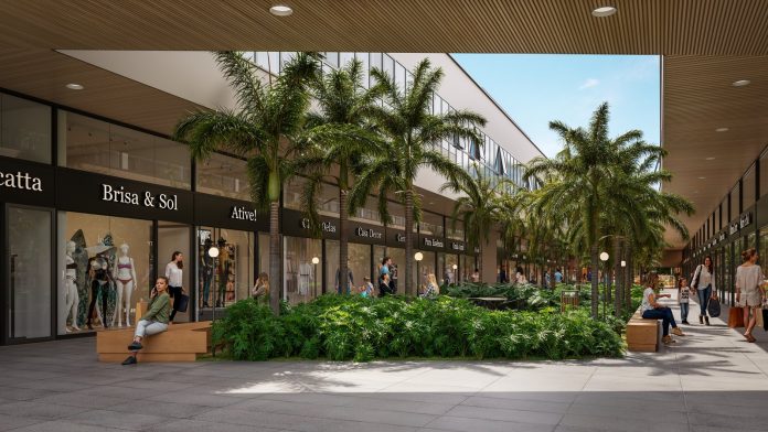 Perspectiva ilustrativa do boulevard a céu aberto do Dona Lola Outlet, com lojas, palmeiras, jardim central e pessoas caminhando