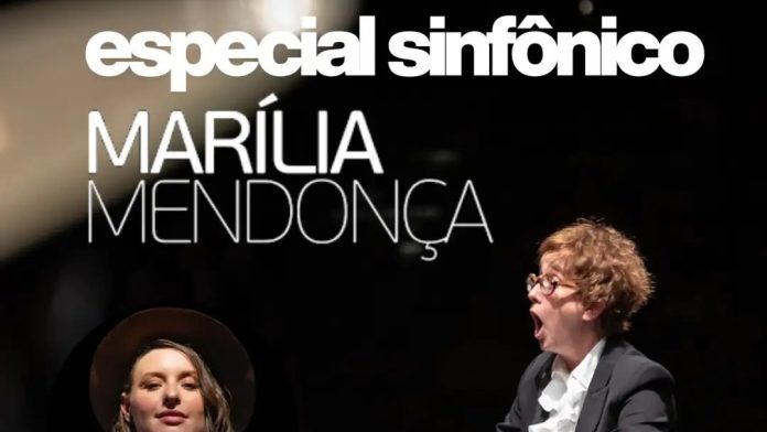 Arte do Especial Sinfônico Marília Mendonça com a cantora Melizza e a maestrina Fabrícia Piva regendo a OSSCA