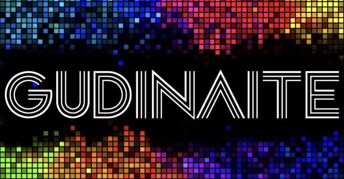 Arte oficial da Gudinaite Florianópolis: logotipo em letras brancas sobre painel de luzes coloridas que lembra uma pista de discoteca dos anos 70