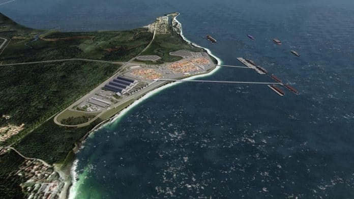Imagem aérea do projeto do Porto Brasil Sul junto à Praia do Sumidouro, em São Francisco do Sul