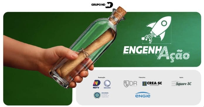 Arte do Seminário EngenhAção: mão segura garrafa com mensagem dentro, ao lado do logotipo do evento e das marcas realizadoras