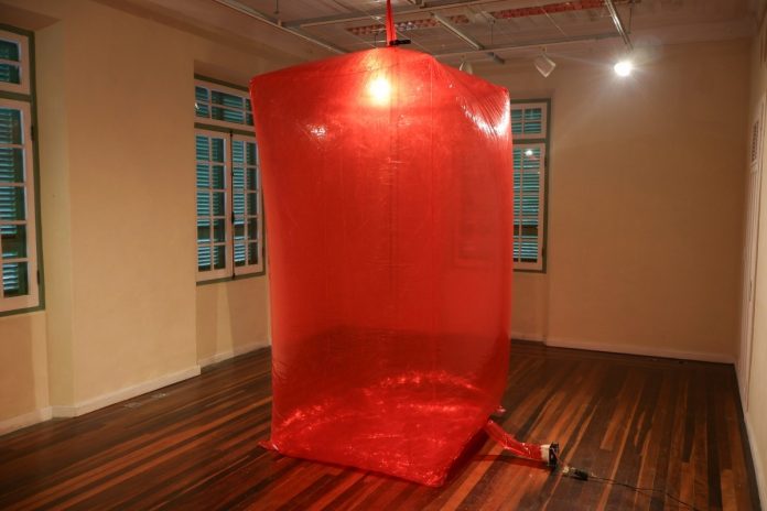 Instalação Desejo, de Flávia Fernandes: grande objeto inflável vermelho e translúcido suspenso em sala com piso de madeira na Fundação Cultural Badesc