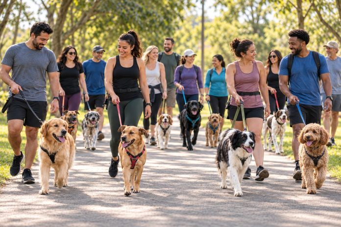 Grupo de tutores caminha com cães de várias raças em um caminho arborizado
