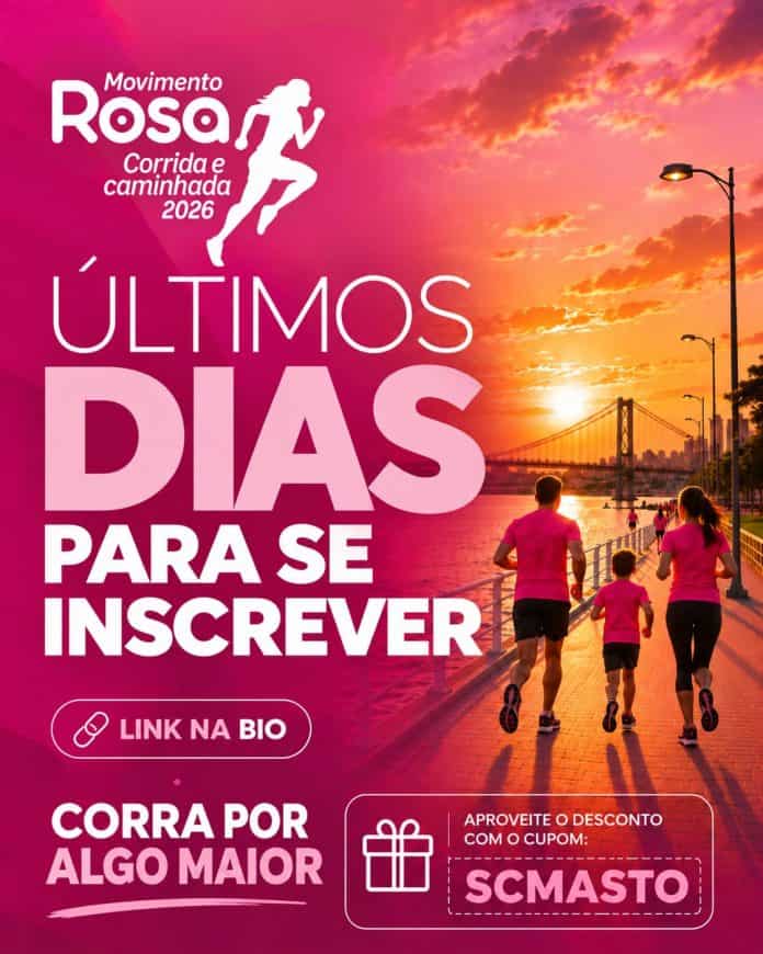 Arte da Corrida e Caminhada Movimento Rosa 2026 com a Ponte Hercílio Luz ao fundo