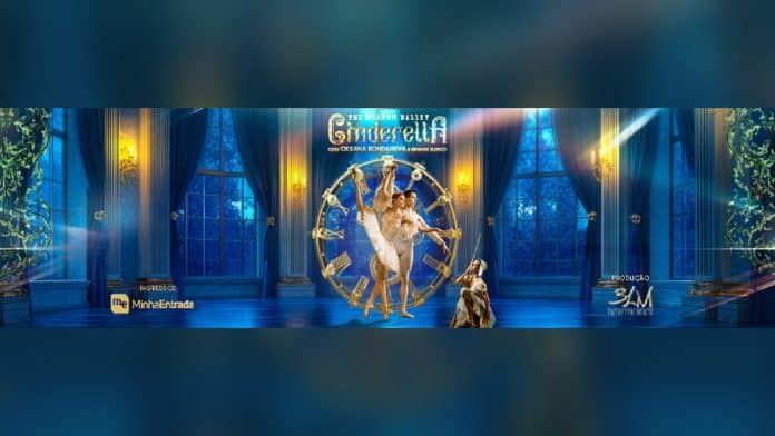 Arte de divulgação de Cinderella, do The Moscow Ballet, com o casal de bailarinos em cena diante de um relógio
