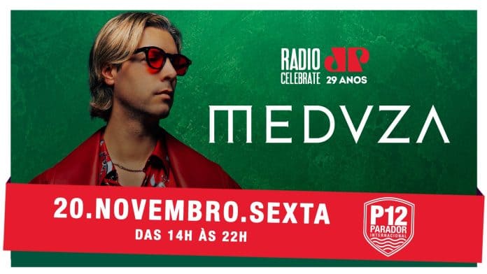 Arte oficial do Radio Celebrate Jovem Pan com MEDUZA no P12, em Jurerê Internacional, em 20 de novembro