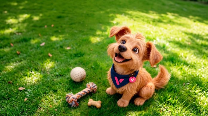 Fokinho, cão caramelo mascote da Viva Corp, com bandana azul sentado na grama ao lado de bolinha e brinquedos