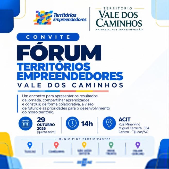 Convite do Fórum Territórios Empreendedores Vale dos Caminhos, com data 29 de outubro de 2026, 14h, na ACIT, em Tijucas