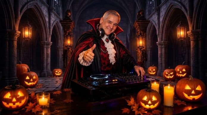 Personagem de vampiro como DJ em cenário de Halloween com abóboras, divulgação do Plataforma Musical do Lira