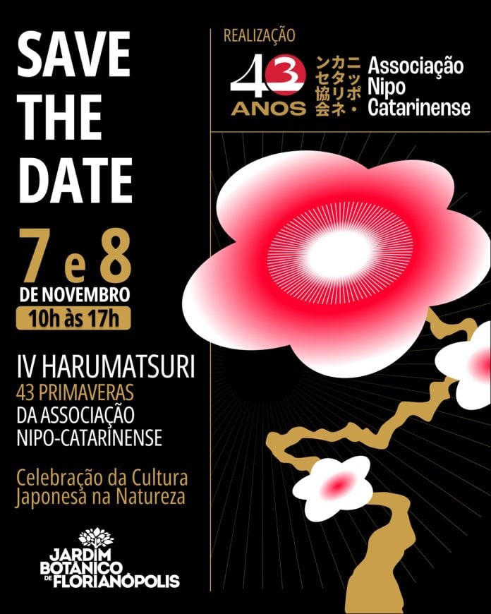 Cartaz do 4º Haru Matsuri com flor de cerejeira estilizada e as datas 7 e 8 de novembro, das 10h às 17h