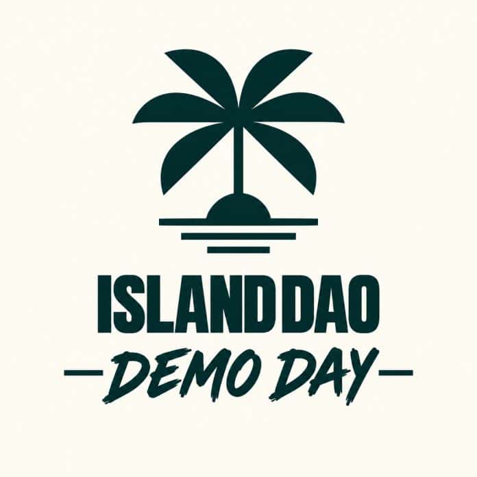 Logo do IslandDAO Demo Day: palmeira verde-escura sobre uma pequena ilha, com o texto IslandDAO Demo Day, em fundo creme