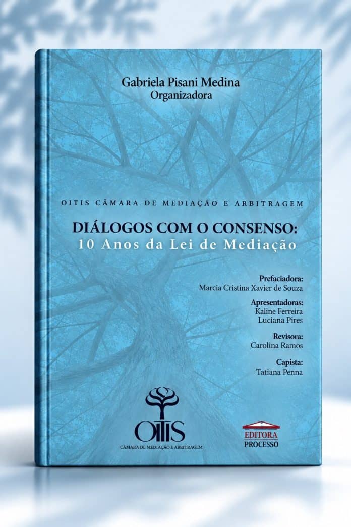 Capa azul do livro Diálogos com o Consenso: 10 Anos da Lei de Mediação, organizado por Gabriela Pisani Medina