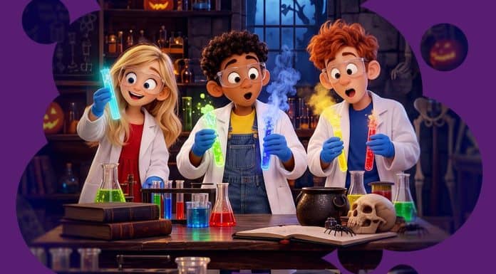 Ilustração de três crianças de jaleco e luvas azuis segurando tubos de ensaio coloridos em um laboratório decorado com abóboras de Halloween