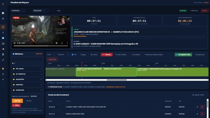 Tela do sistema de playout do Unique CMS+TV, com a linha do tempo da programação de um canal da Rede Unique TV