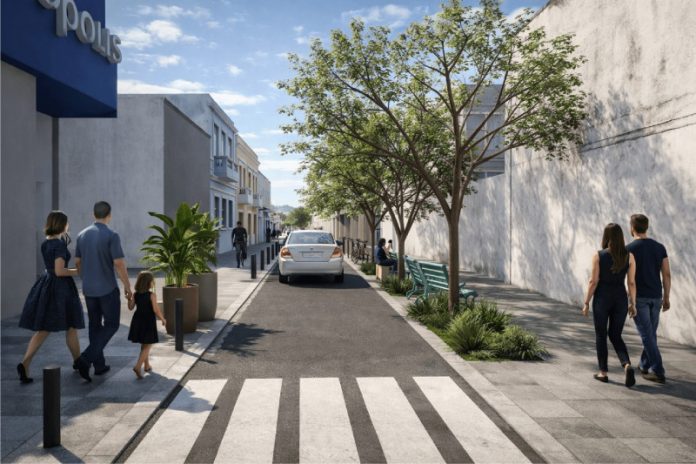 Projeção do novo trecho da Rua Conselheiro Mafra, no Centro de Florianópolis, com calçadas largas, árvores, bancos e faixa de pedestres