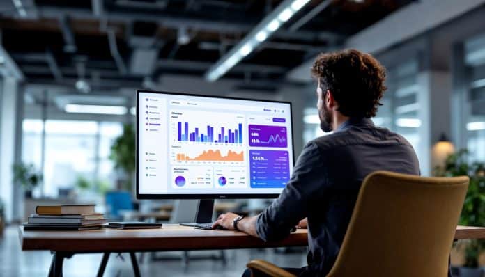 Profissional trabalha em computador com gráficos e painéis de dados na tela, em escritório