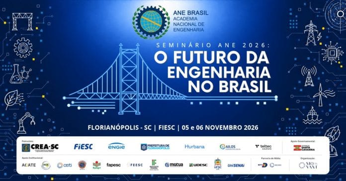 Arte de divulgação do Seminário ANE 2026: O Futuro da Engenharia no Brasil, com ponte estilizada sobre fundo azul e a data 5 e 6 de novembro na FIESC