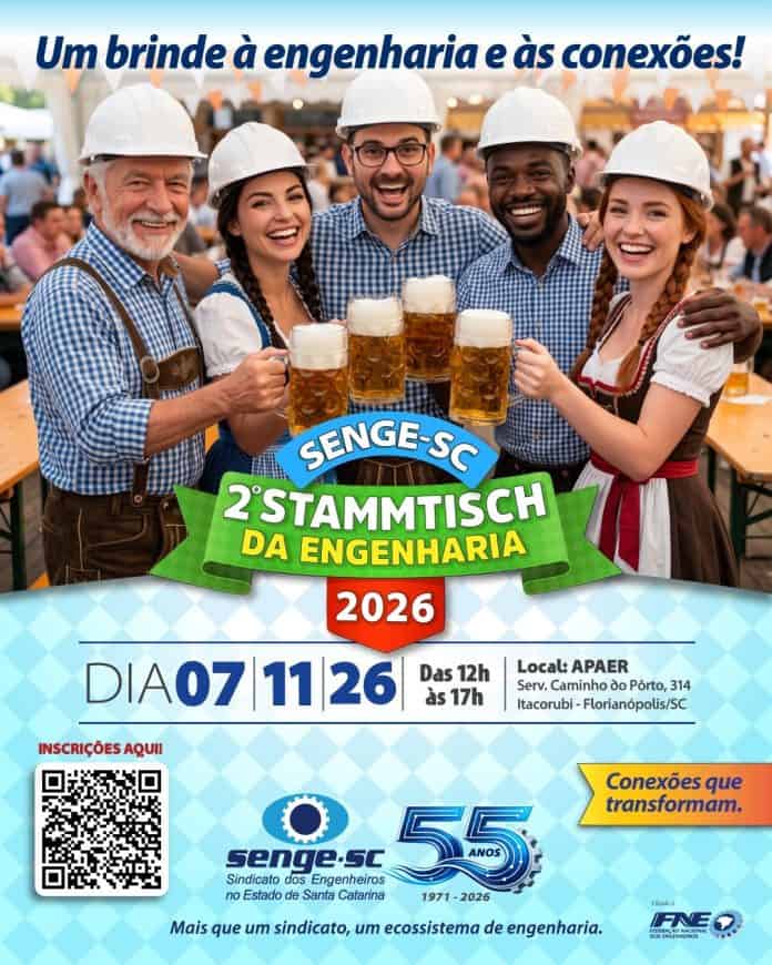 Cartaz do 2º Stammtisch da Engenharia 2026 do Senge-SC com cinco pessoas de capacete branco e trajes típicos alemães brindando com canecas de chope, data 07/11/26 das 12h às 17h e local APAER no Itacorubi