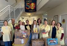 Square SC entrega brinquedos e roupas à AVOS, que atua no Hospital Infantil Joana de Gusmão, em Florianópolis Equipe de gestão do Square SC e diretoria da AVOS com brinquedos e roupas doados, sob banner dos 50 anos da AVOS, em Florianópolis