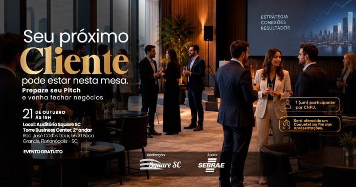 Arte de divulgação da Sessão de Negócios Square SC em Movimento, com data 21 de outubro às 19h no Auditório do Square SC, em Florianópolis